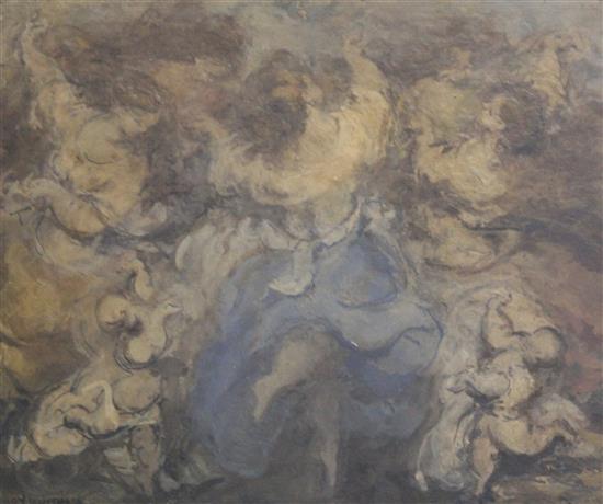 Oil on baord of cherubs dancing by Mary Keasner